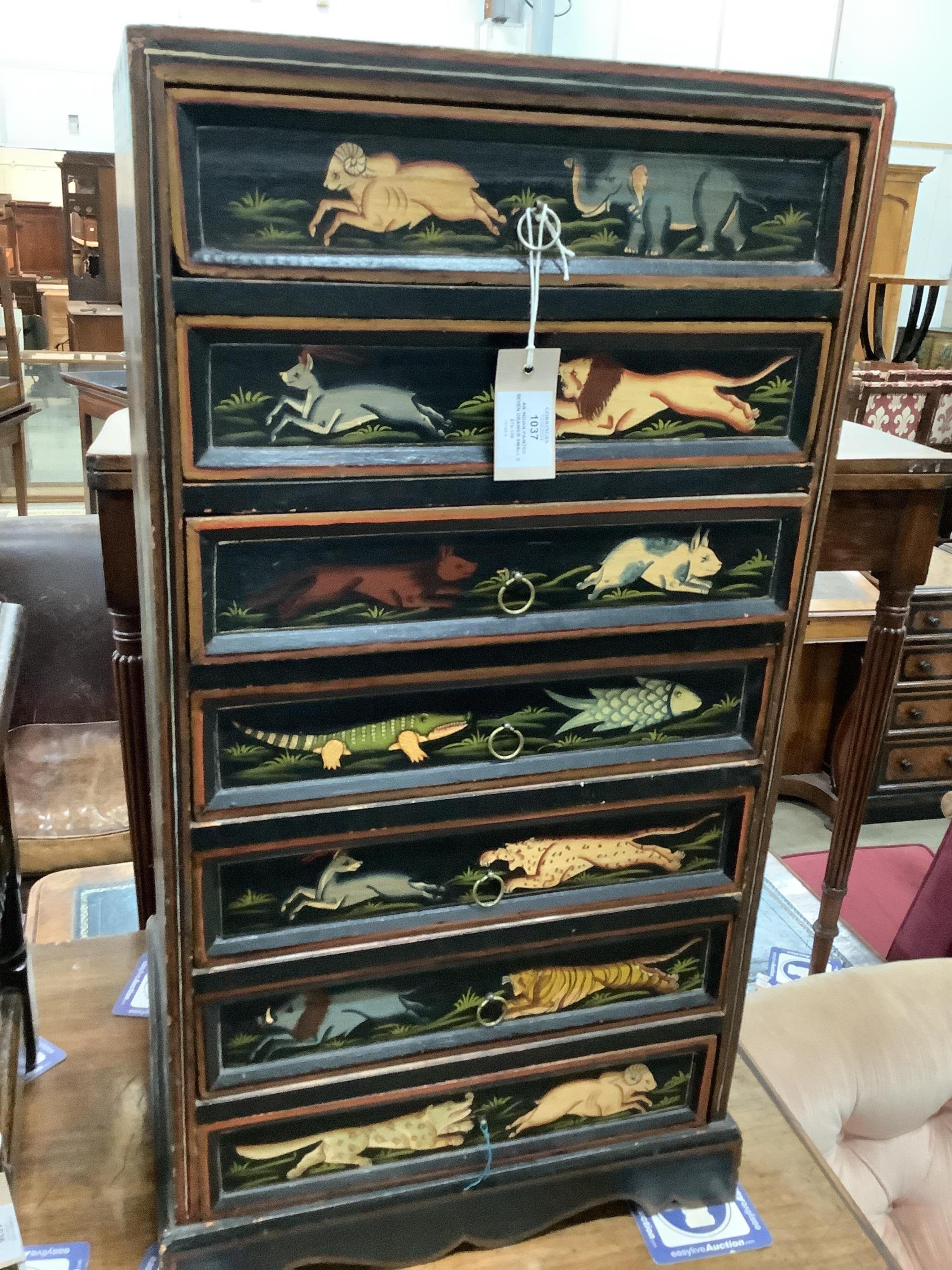 An Indian painted seven drawer small chest, width 40cm, depth 35cm, height 77cm. Condition - fair